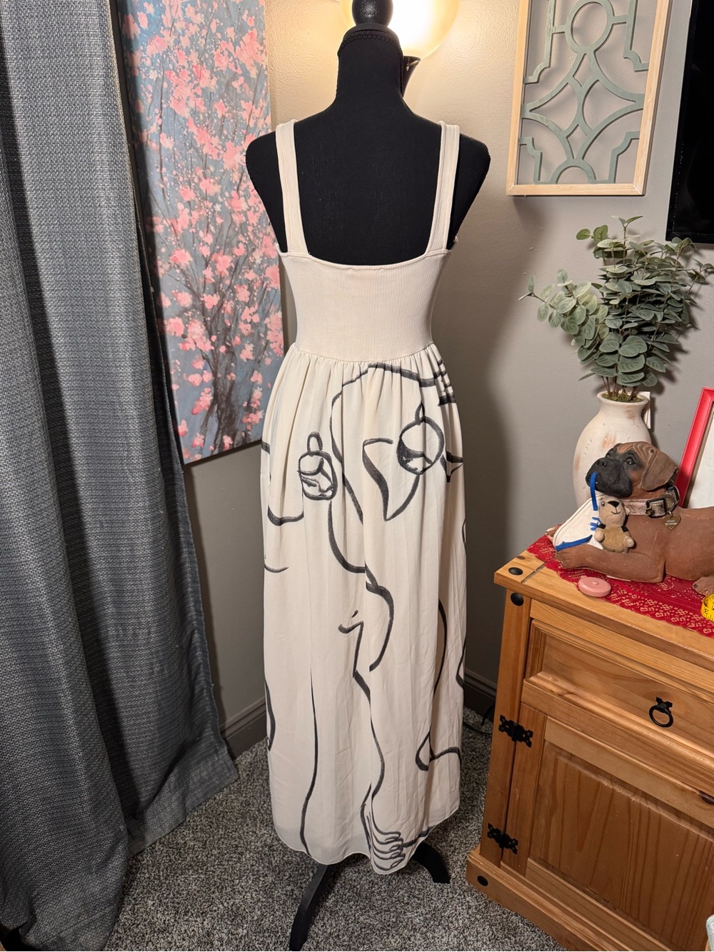 Zara x Dina Bukva Cream Maxi Tank Dress with Abstract Gray Line Design - Picture 3 of 4